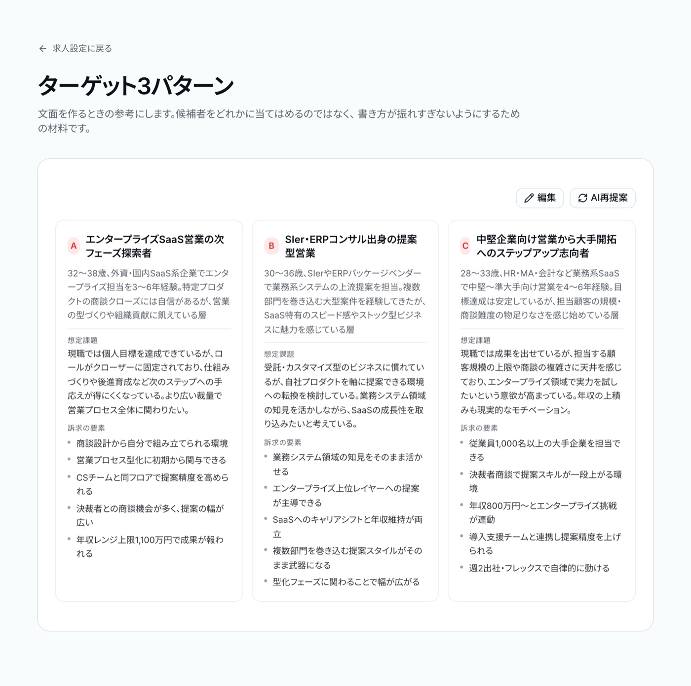 ターゲット3パターンの画面。候補者像ごとに、想定課題と訴求の要素が並んでいる