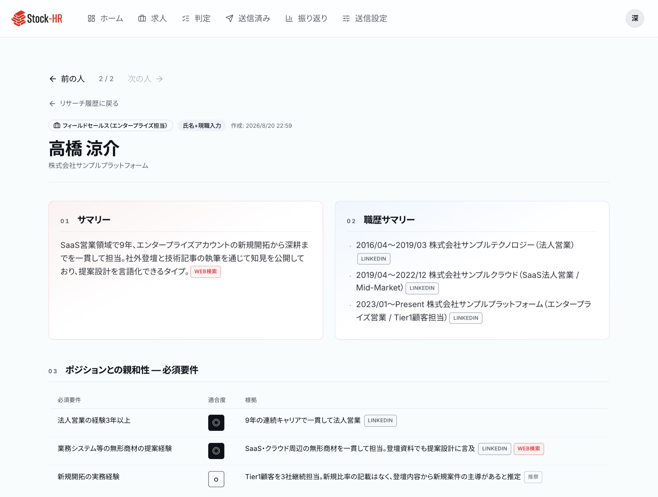 候補者のリサーチプロファイル画面。職歴と求人要件の適合度が並び、記述ごとに LinkedIn・Web検索・推察 の情報源タグが付いている
