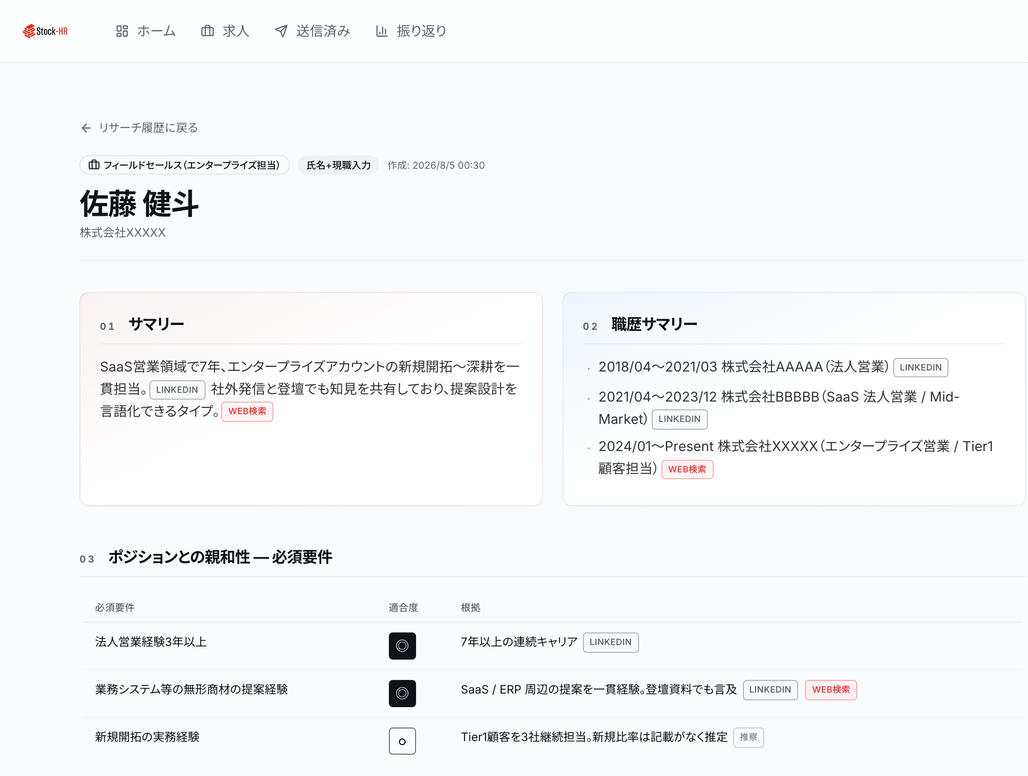 候補者のリサーチプロファイル画面。職歴と求人要件の適合度が並び、記述ごとに LinkedIn・Web検索・推察 の情報源タグが付いている