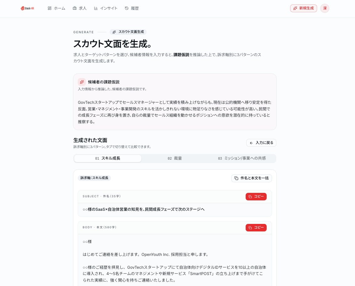 生成された訴求軸別の文面結果画面